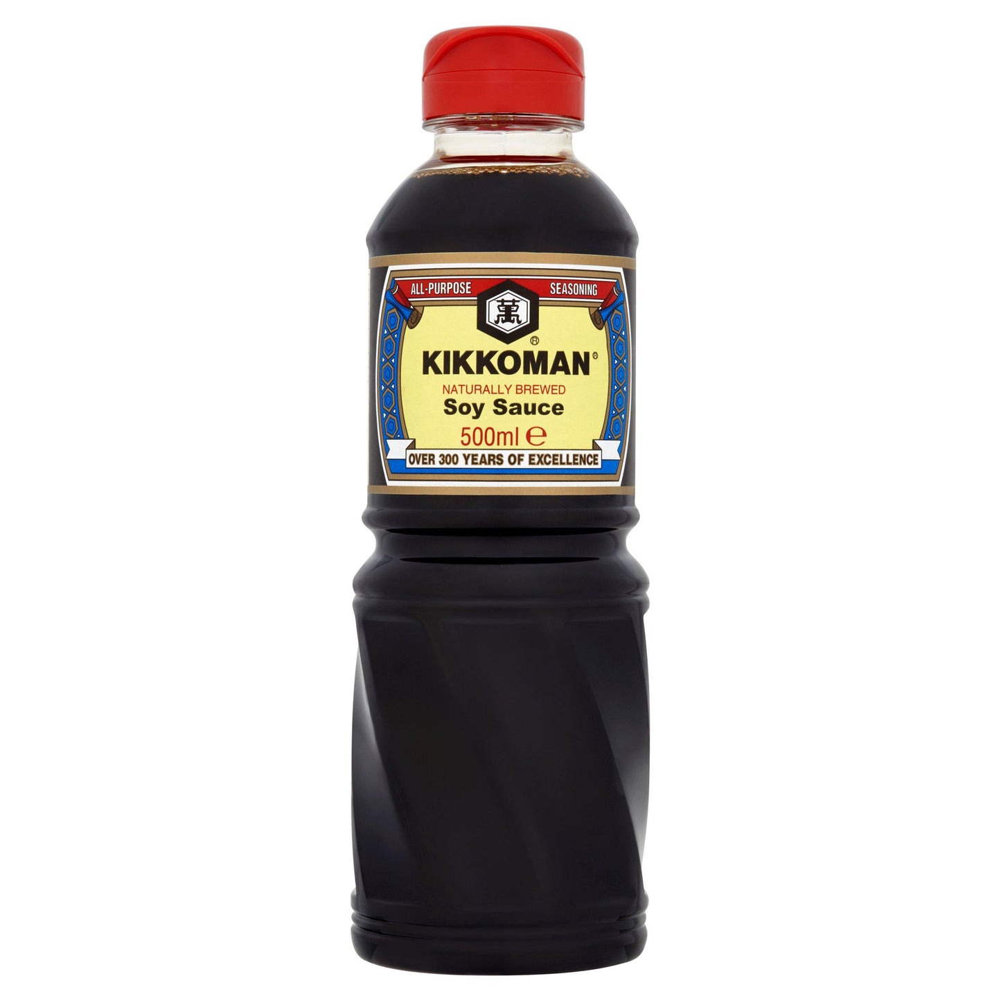 Kikkoman soy sauce bottle with a red cap on a white background