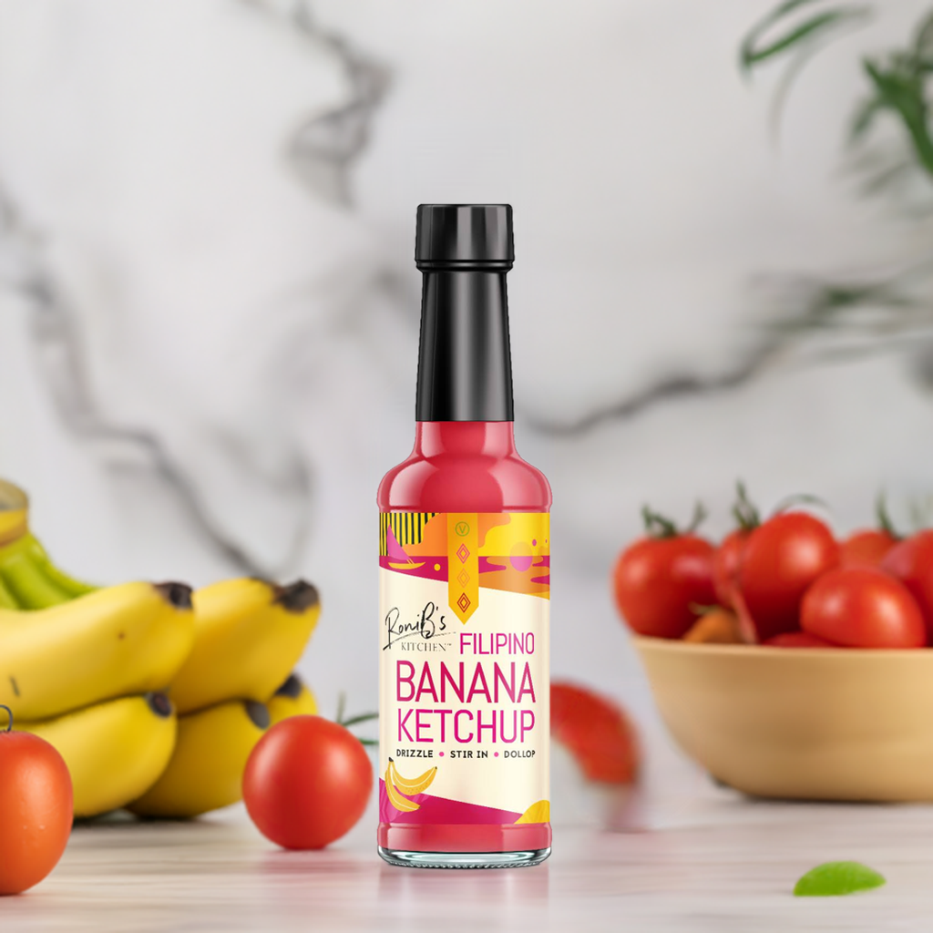 Filipino Style Banana Ketchup - RoniB's Kitchen with bananas and tomatoes in the background.