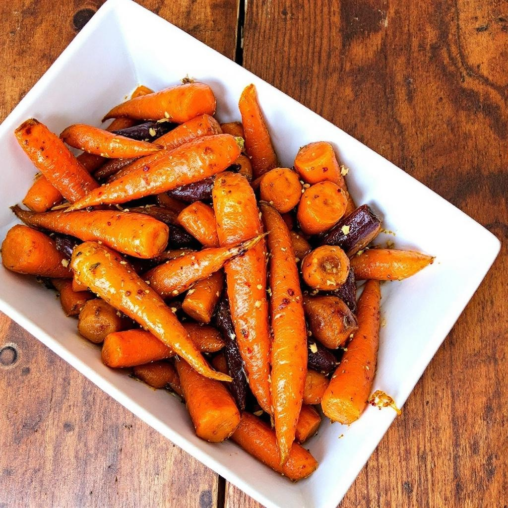 Roasted heritage carrots glazed with honey and Garlic Chilli Oil — sweet and spicy Filipino-inspired Christmas side dish.