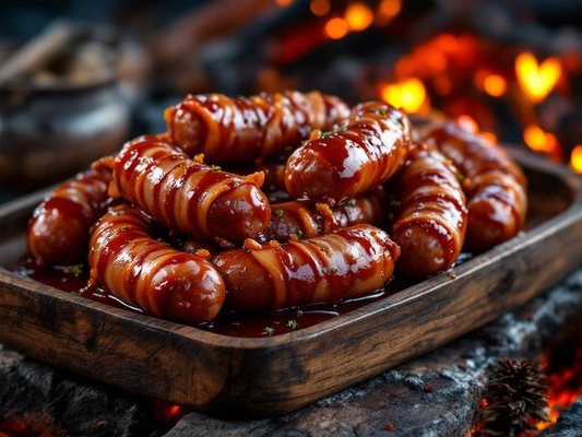 Filipino pigs in blankets glazed with RoniB’s Kitchen Ihaw-Ihaw BBQ Sauce, bacon-wrapped sausages cooked until sticky, caramelised, and smoky.