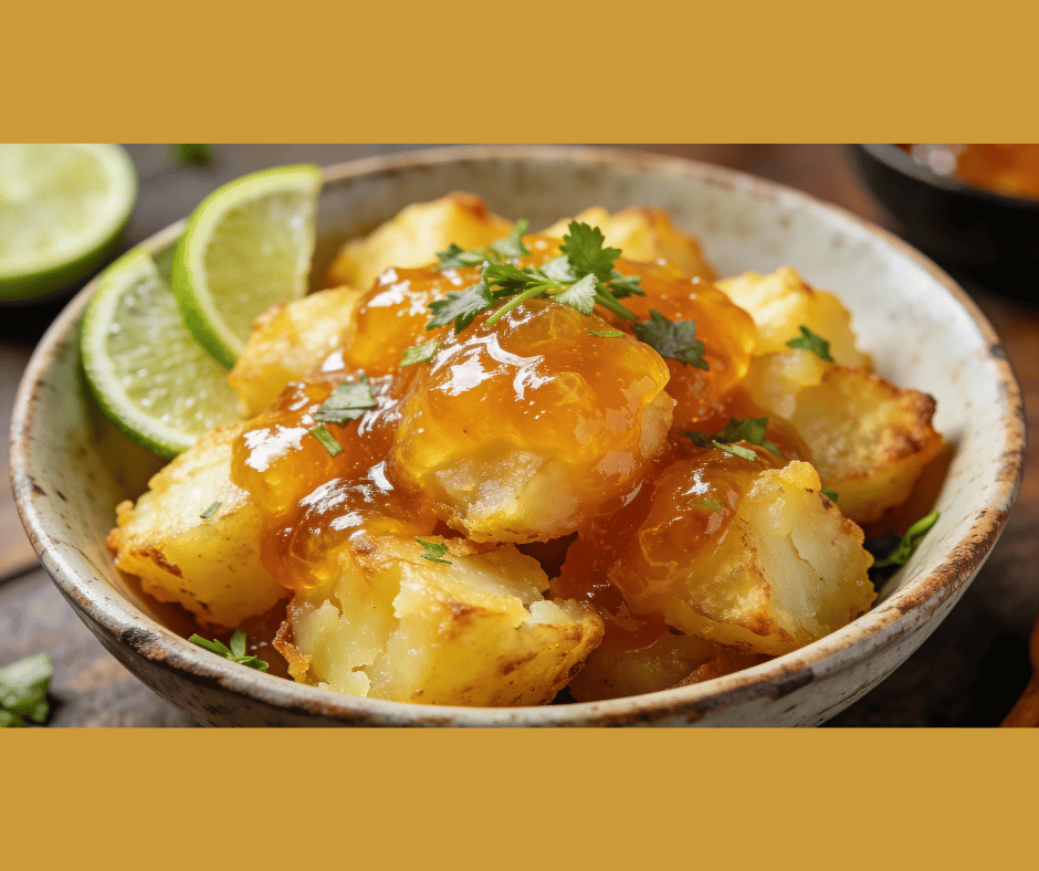 Golden crushed potatoes drizzled with glossy Kalamansi Marmalade, garnished with fresh herbs and lime slices — Filipino citrus potato side dish.