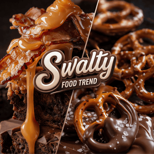 A glossy caramel drizzle flowing over crispy bacon and crunchy pretzels, with rich chocolate textures. Split composition showing contrast between sweet and salty elements.