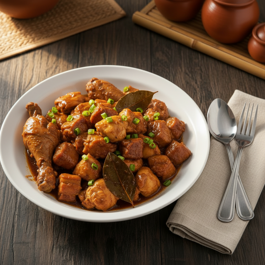 chicken and pork pieces cooked in Filipino adobo style served on a qhite bowl with spoon and fork on the side on a wooden table
