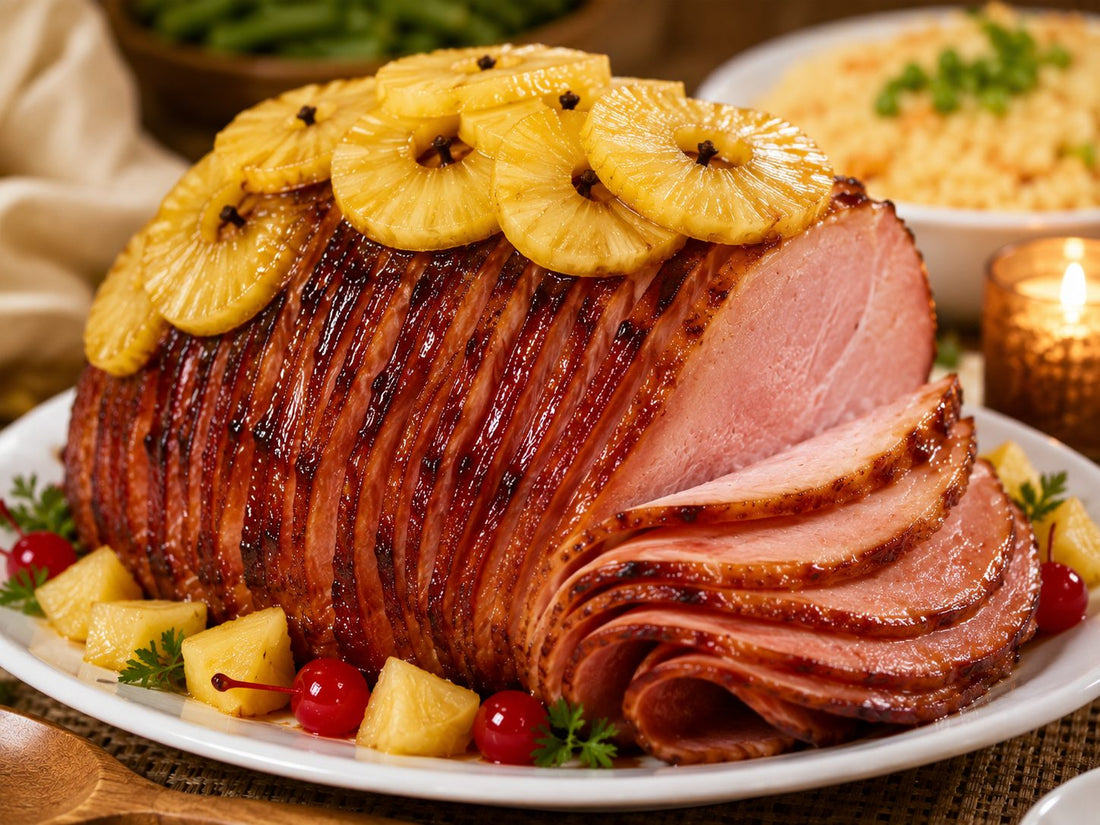 a sliced ham topped with pineapple slices on a white oval plate