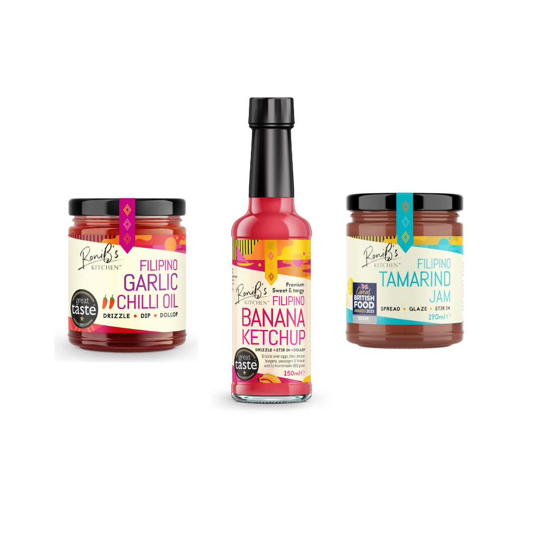 Essentials bundle for March 2025 consisting of Garlic Chilli Oil, Banana Ketchup and Tamarind Jam