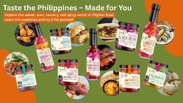 Promotional image of Filipino food products with text encouraging exploration of the country's cuisine.