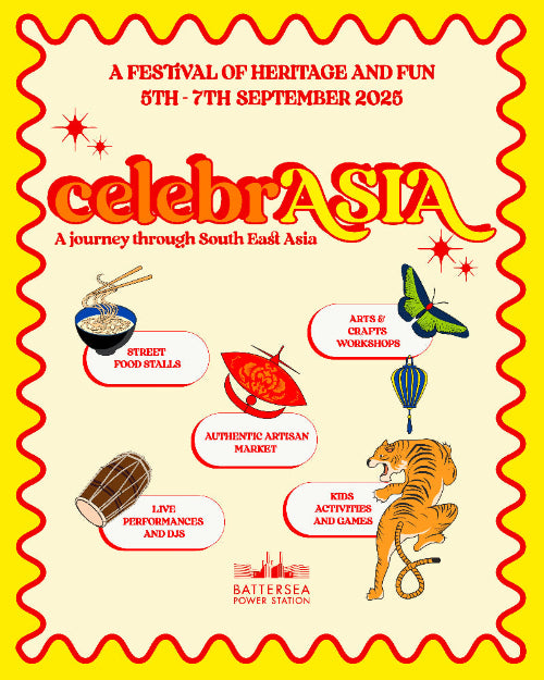 Promotional poster for celebrASIA festival with colorful text and graphics on a yellow border.