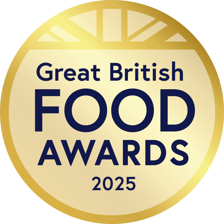 Gold badge with 'Great British Food Awards 2025' text on a white background