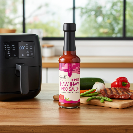 Bottle of Filipino ihaw ihaw BBQ sauce on a kitchen counter with an air fryer and vegetables.