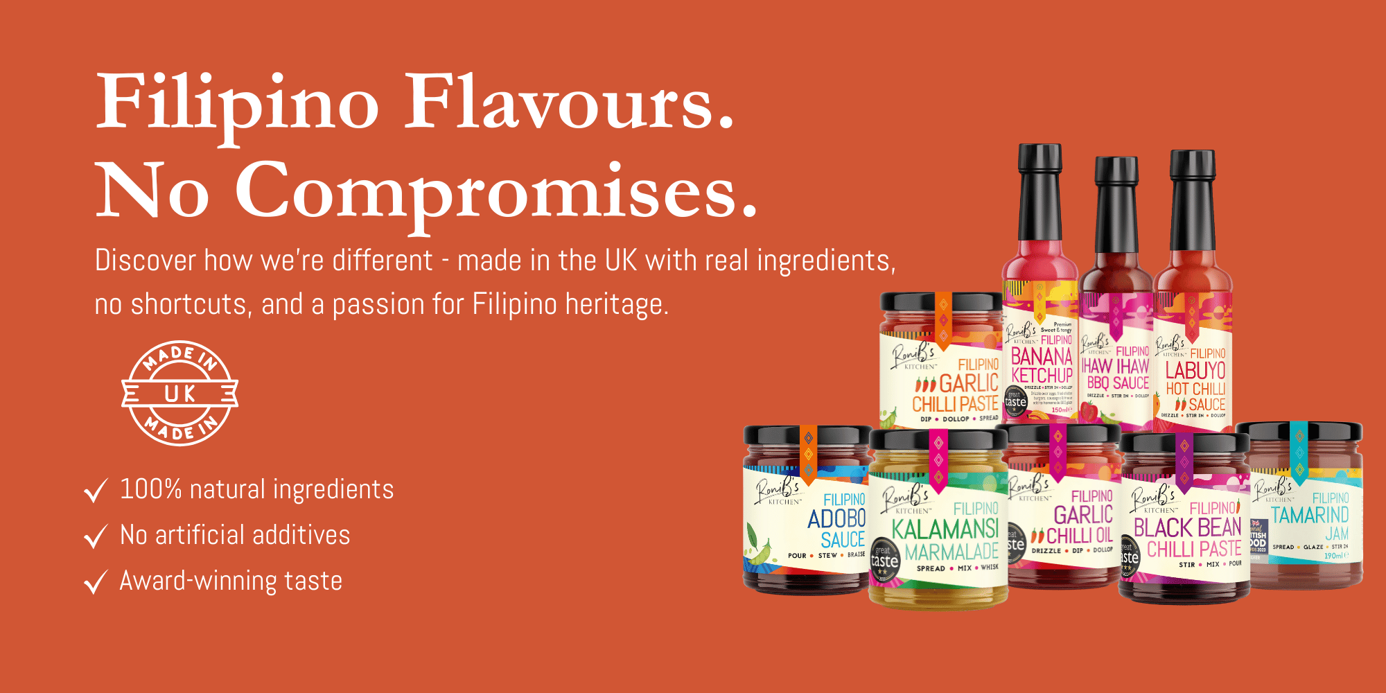 Assorted bottles of Filipino flavours on an orange background with text about product features.