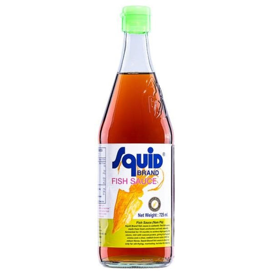 Bottle of Squid brand fish sauce on a white background
