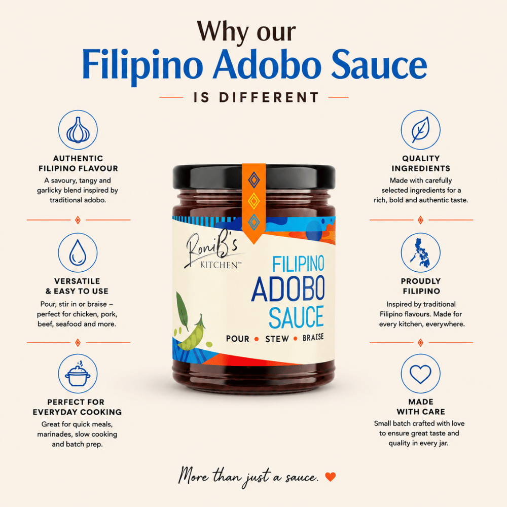 RoniB's Kitchen Filipino Adobo Sauce jar with features listed on a white background