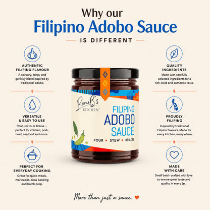 RoniB's Kitchen Filipino Adobo Sauce jar with features listed on a white background