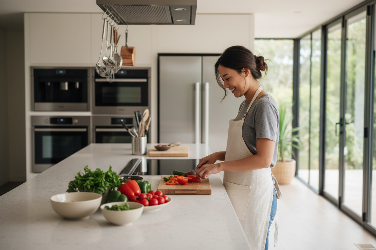 Asian lady cooking in a modern kitchen