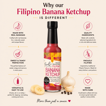 Bottle of Filipino Banana Ketchup with features listed on a beige background