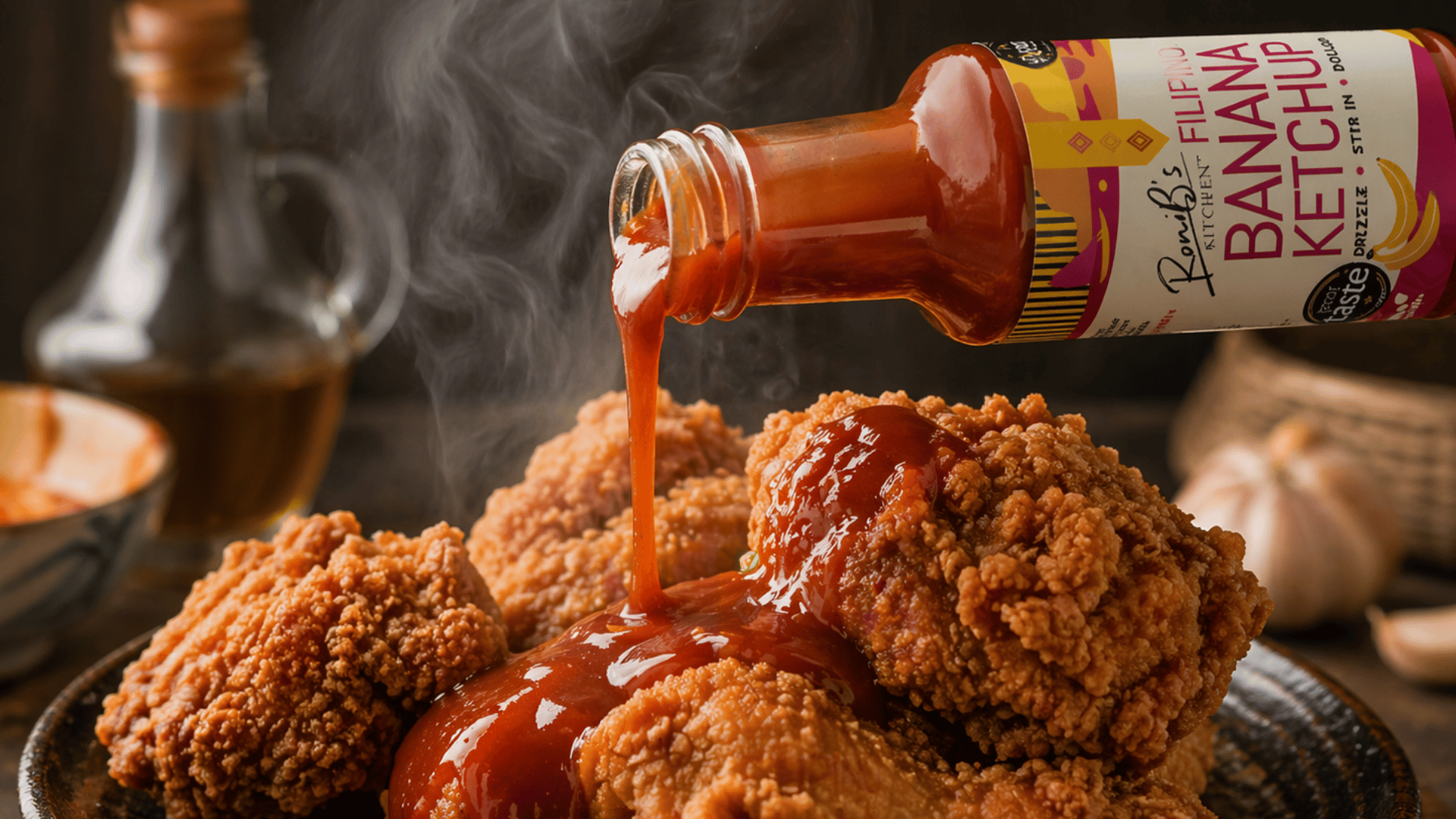 Banana ketchup being poured over fried chicken with a bottle of banana ketchup in the background.