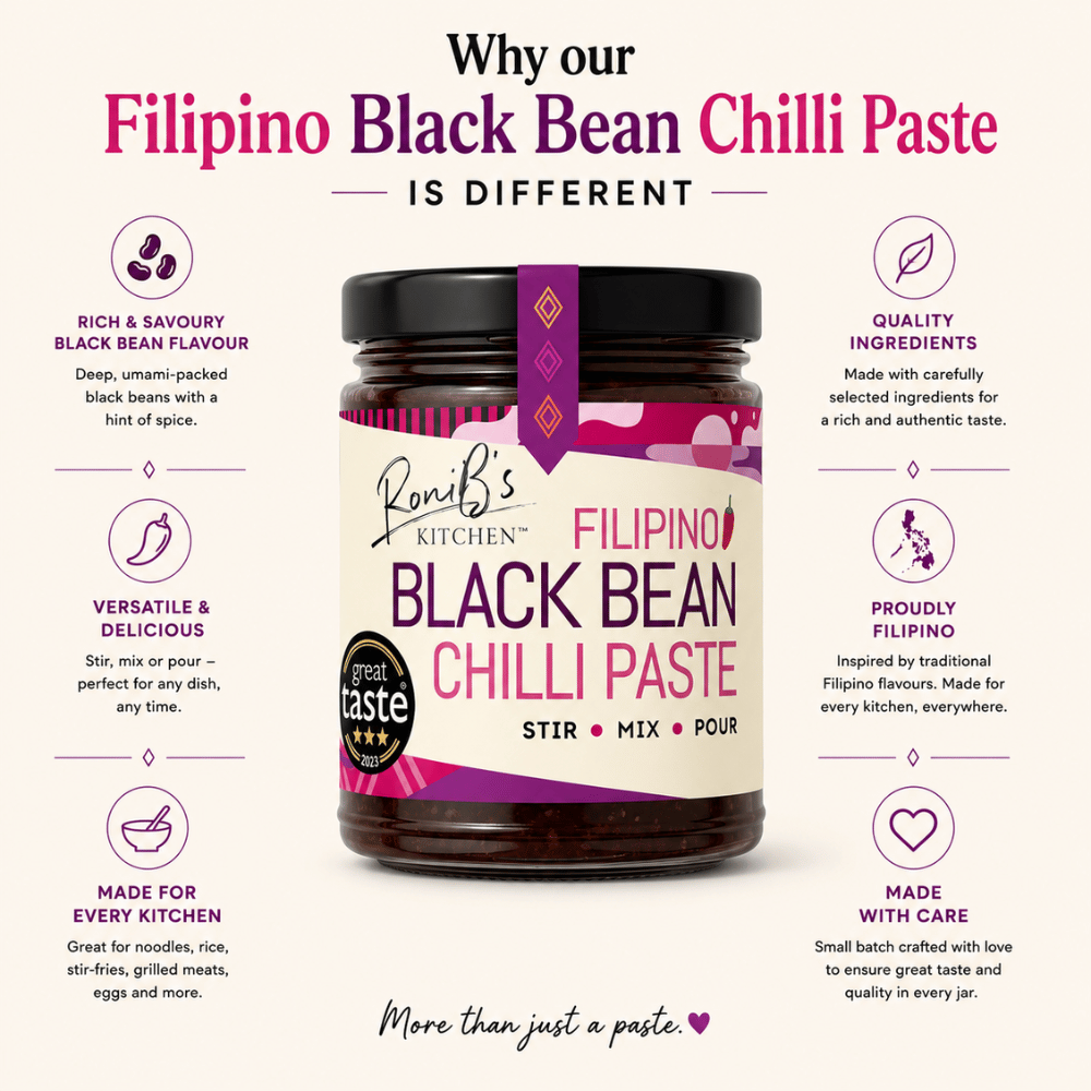 Jar of Filipino Black Bean Chilli Paste with descriptive text on a white background