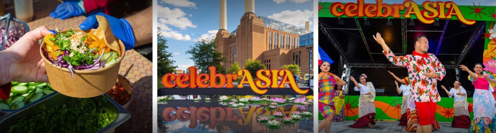 Three images: a hand holding a salad, a colorful 'celebrASTIA' sign, and a group of people dancing.