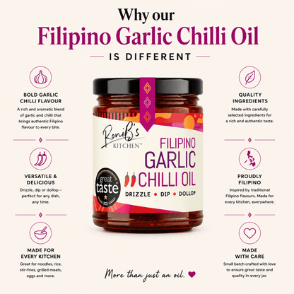 Jar of Filipino Garlic Chilli Oil with descriptive text on a white background