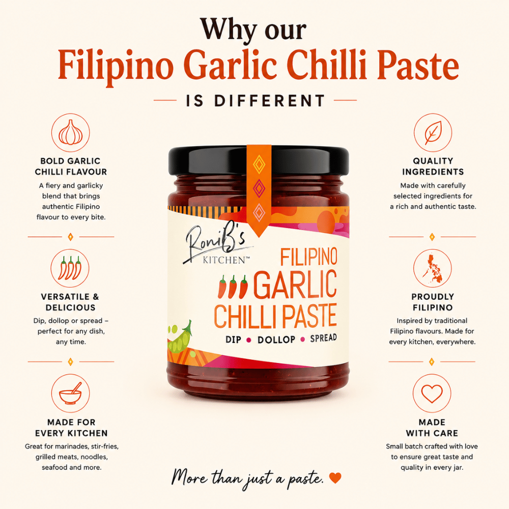 Jar of RoniB's Kitchen Filipino Garlic Chilli Paste with product details on a white background