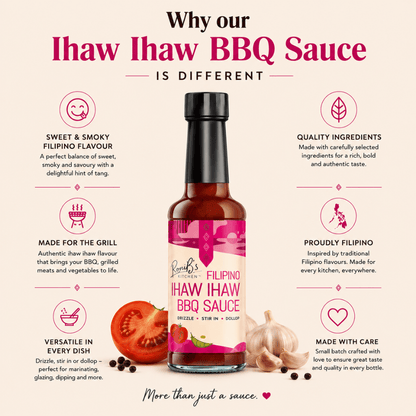 Ihaw Ihaw BBQ Sauce bottle with features listed on a pink background