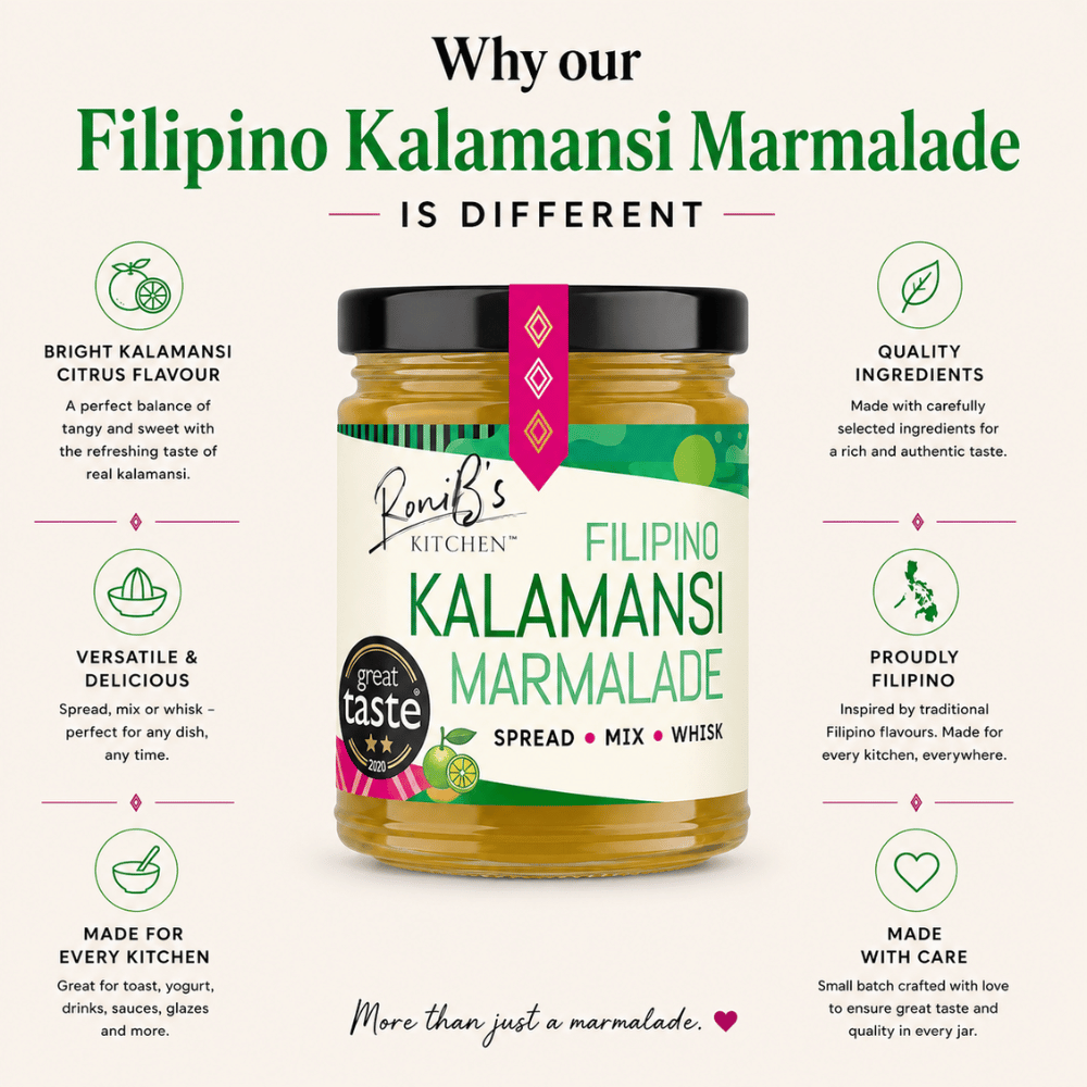 Jar of Filipino Kalamansi Marmalade with descriptive text on a white background