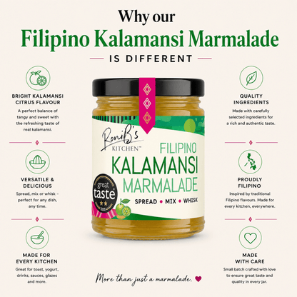 Jar of Filipino Kalamansi Marmalade with descriptive text on a white background