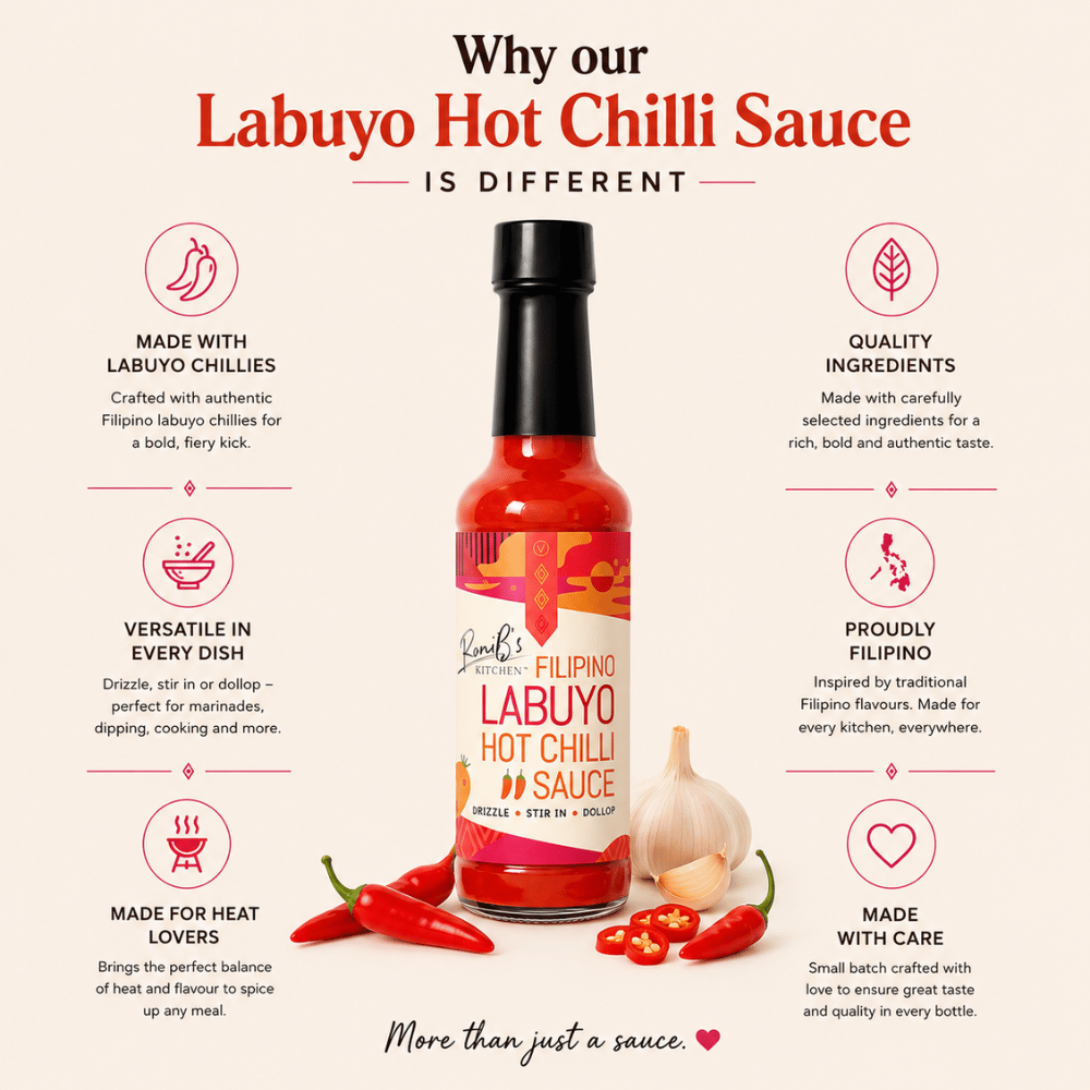 Labuyo Hot Chilli Sauce bottle with features listed on a white background