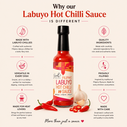 Labuyo Hot Chilli Sauce bottle with features listed on a white background