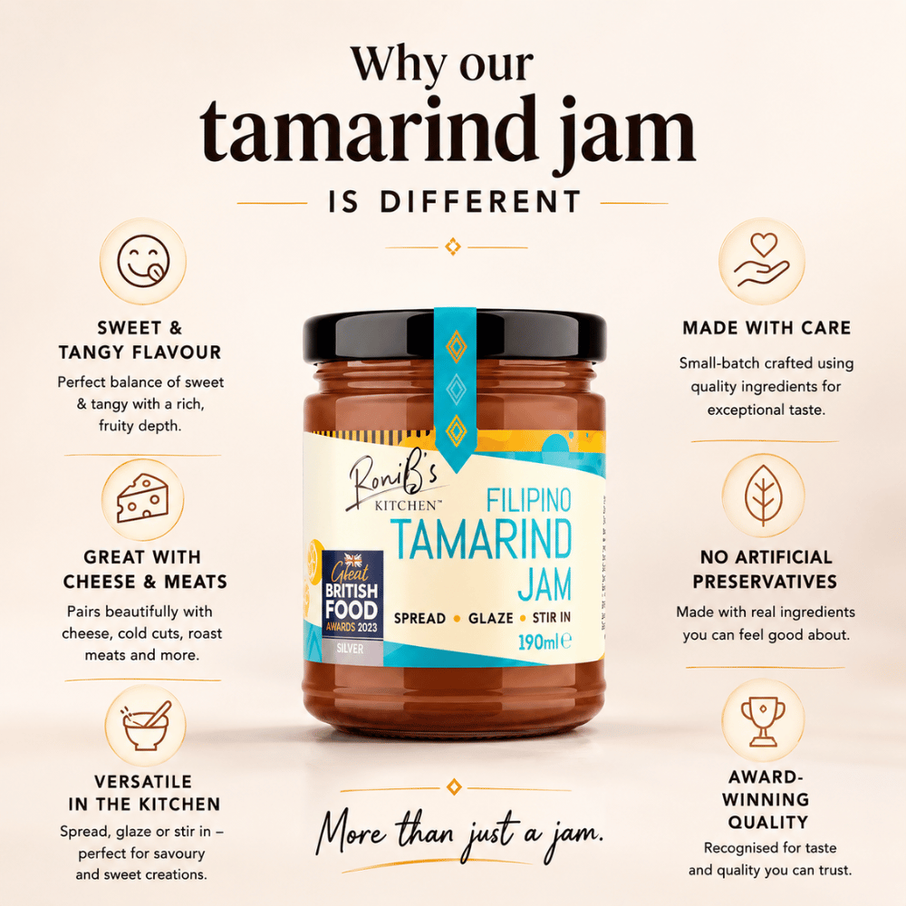 Jar of tamarind jam with text highlighting its features on a beige background