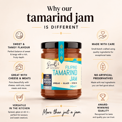 Jar of tamarind jam with text highlighting its features on a beige background